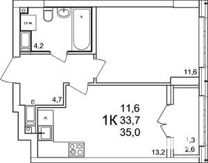 1-к квартира, вторичка, 35м2, 15/25 этаж