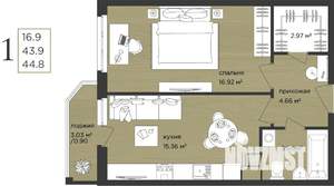 1-к квартира, строящийся дом, 45м2, 7/12 этаж