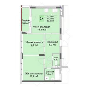 2-к квартира, строящийся дом, 53м2, 7/10 этаж