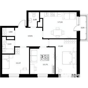 3-к квартира, строящийся дом, 77м2, 23/24 этаж