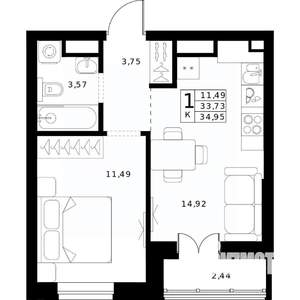1-к квартира, вторичка, 35м2, 16/24 этаж