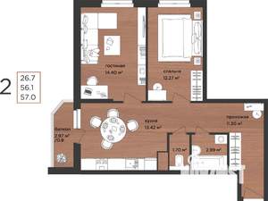 2-к квартира, строящийся дом, 57м2, 4/15 этаж