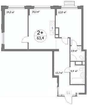 2-к квартира, строящийся дом, 63м2, 13/22 этаж