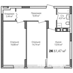 2-к квартира, строящийся дом, 61м2, 6/15 этаж
