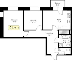 2-к квартира, строящийся дом, 60м2, 13/17 этаж