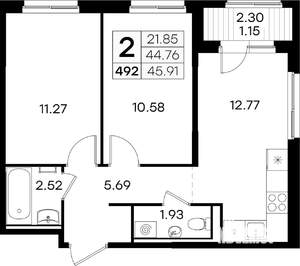 2-к квартира, вторичка, 46м2, 1/9 этаж