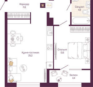 1-к квартира, вторичка, 57м2, 2/19 этаж