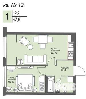 1-к квартира, вторичка, 44м2, 2/25 этаж