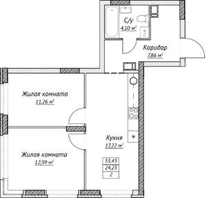 2-к квартира, строящийся дом, 53м2, 13/14 этаж