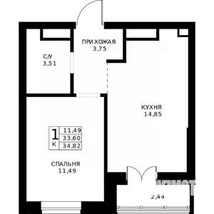 1-к квартира, строящийся дом, 35м2, 20/24 этаж