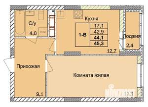1-к квартира, строящийся дом, 44м2, 16/18 этаж