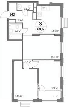 3-к квартира, строящийся дом, 74м2, 18/22 этаж