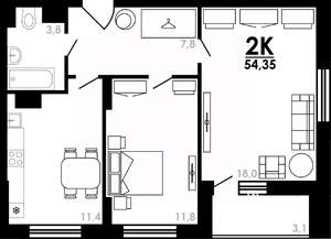 2-к квартира, вторичка, 54м2, 6/25 этаж