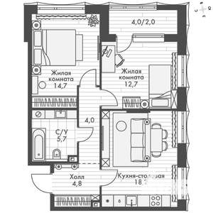 2-к квартира, вторичка, 62м2, 5/16 этаж