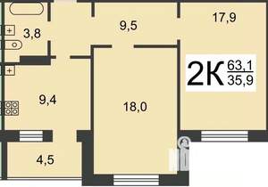 2-к квартира, вторичка, 59м2, 1/10 этаж