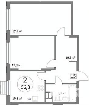 2-к квартира, строящийся дом, 57м2, 4/22 этаж