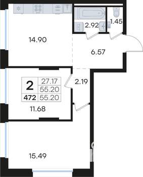 2-к квартира, вторичка, 55м2, 2/13 этаж