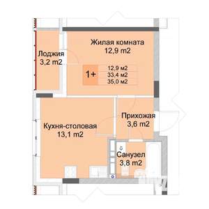1-к квартира, строящийся дом, 35м2, 8/10 этаж