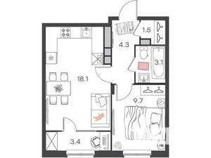 1-к квартира, вторичка, 40м2, 2/4 этаж