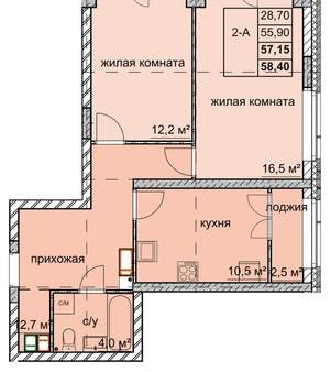 2-к квартира, вторичка, 57м2, 14/15 этаж