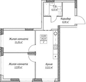 2-к квартира, строящийся дом, 54м2, 2/14 этаж