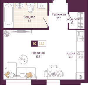 Студия квартира, вторичка, 33м2, 7/19 этаж