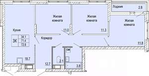 3-к квартира, вторичка, 73м2, 18/25 этаж