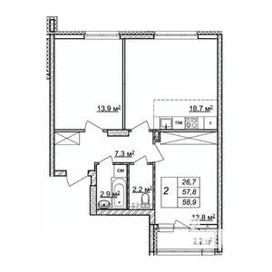 2-к квартира, строящийся дом, 59м2, 2/25 этаж