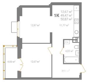 1-к квартира, вторичка, 51м2, 4/18 этаж