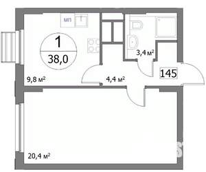 1-к квартира, строящийся дом, 38м2, 18/22 этаж
