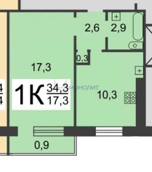 1-к квартира, вторичка, 34м2, 8/9 этаж