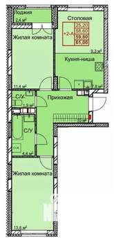 2-к квартира, вторичка, 60м2, 2/10 этаж