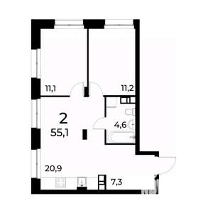 2-к квартира, вторичка, 55м2, 18/20 этаж