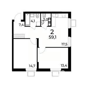 2-к квартира, вторичка, 59м2, 13/15 этаж