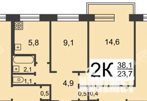 2-к квартира, вторичка, 38м2, 5/5 этаж