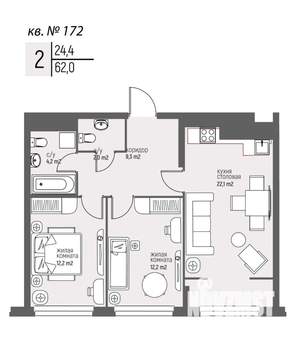 2-к квартира, вторичка, 62м2, 16/25 этаж