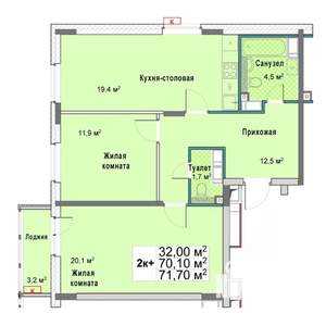 2-к квартира, вторичка, 72м2, 7/12 этаж