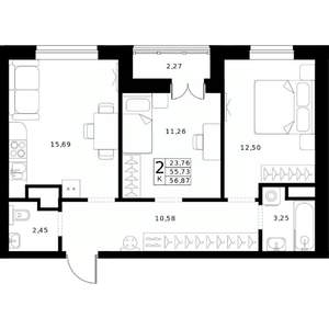 2-к квартира, строящийся дом, 57м2, 16/24 этаж