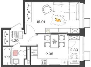1-к квартира, вторичка, 35м2, 12/21 этаж