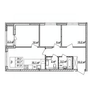 3-к квартира, вторичка, 62м2, 24/25 этаж