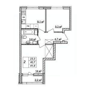 2-к квартира, строящийся дом, 42м2, 9/25 этаж