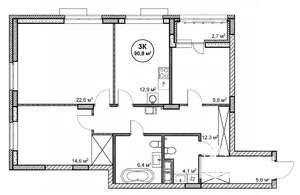 3-к квартира, вторичка, 91м2, 13/14 этаж