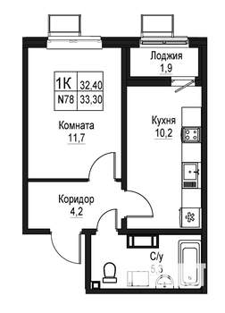 1-к квартира, строящийся дом, 32м2, 2/10 этаж