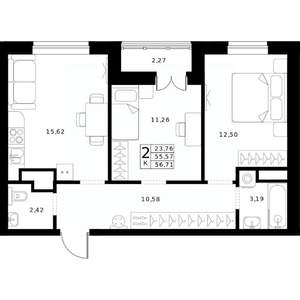 2-к квартира, строящийся дом, 57м2, 22/24 этаж