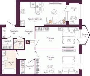 2-к квартира, вторичка, 67м2, 9/14 этаж