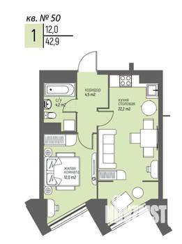 1-к квартира, вторичка, 43м2, 4/25 этаж
