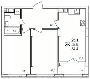 2-к квартира, вторичка, 54м2, 14/19 этаж