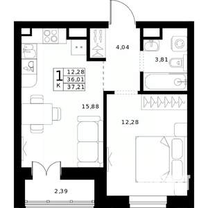 1-к квартира, строящийся дом, 37м2, 10/24 этаж