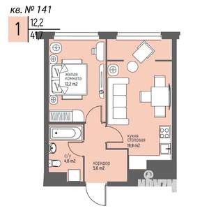 1-к квартира, вторичка, 42м2, 13/25 этаж