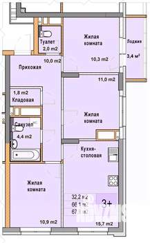 3-к квартира, вторичка, 68м2, 23/25 этаж